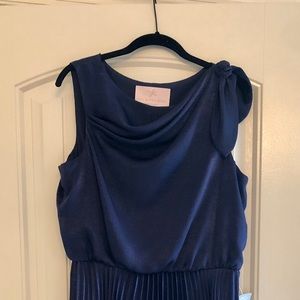 Gal Meets Glam blue pleated dress with one shoulder flower detail